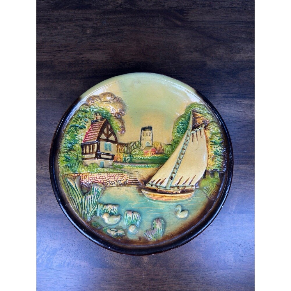 Vintage Legendware E.W. Usher Hand-Painted Chalkware Village Wall Plaque